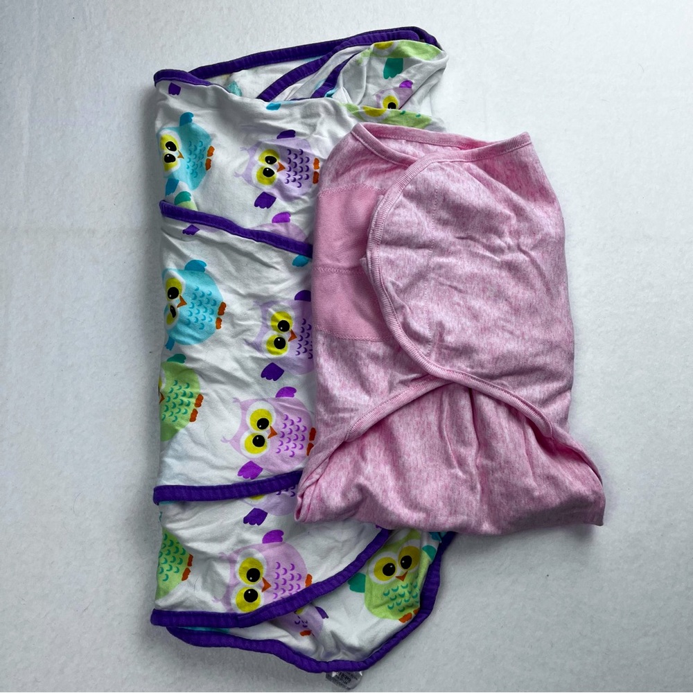 Baby Swaddles Pair Pink Owl1 with Hook & Loop Miracle Swaddle Sleep Sack Safety